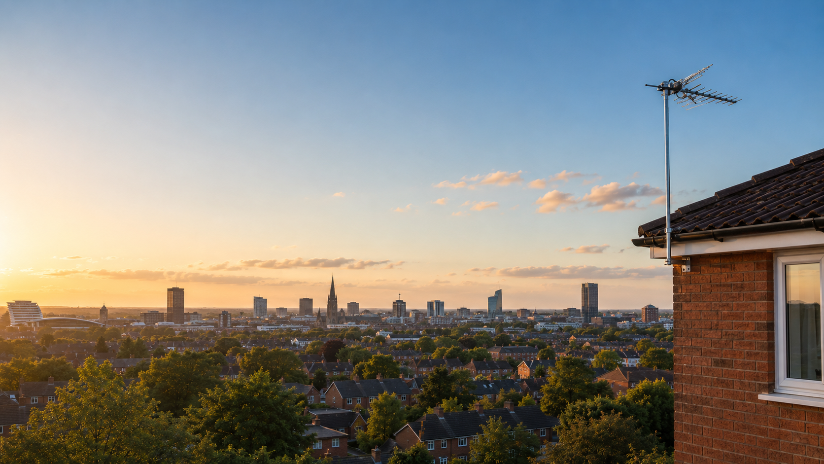TV aerial above the Leicester skyline at sunset