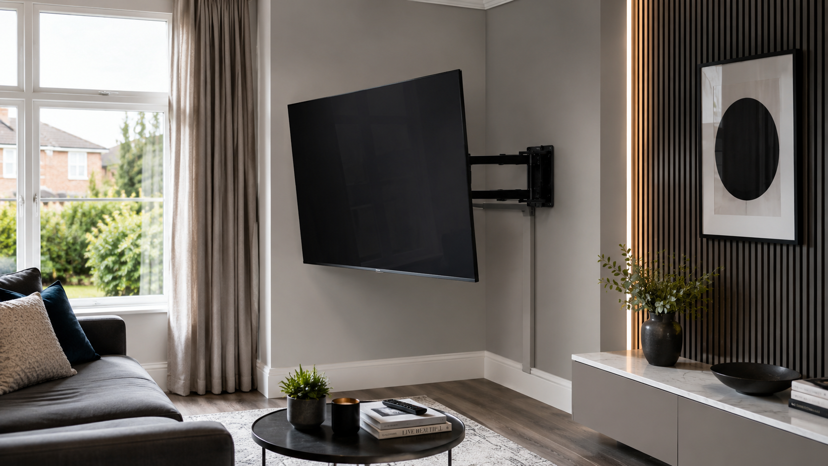 Swing arm TV bracket installation in a Leicester lounge